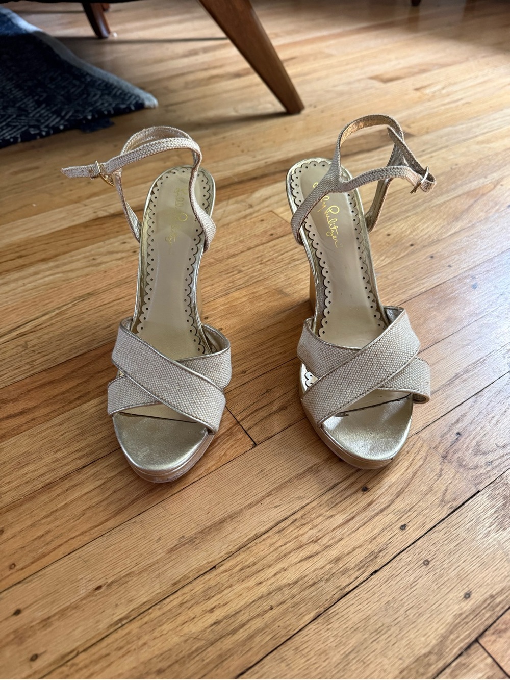 Lilly Pulitzer Champagne Beige Metallic Crisscross Wedges